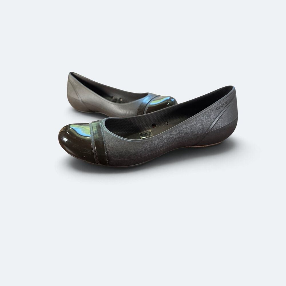 Crocs Cap Toe Ballet Flats Espresso Brown Shiny Patent Toe Slip On Comfort 9